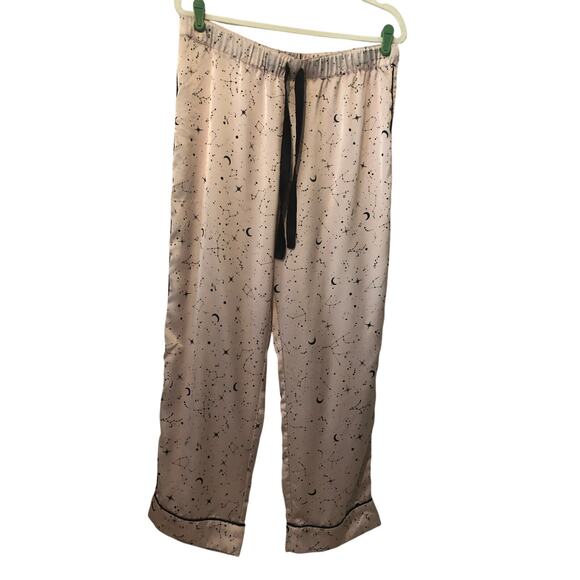 Pajama Pants Lounge Size L Pink Black Stars Moon Celestial Constellations Silky - Picture 1 of 8